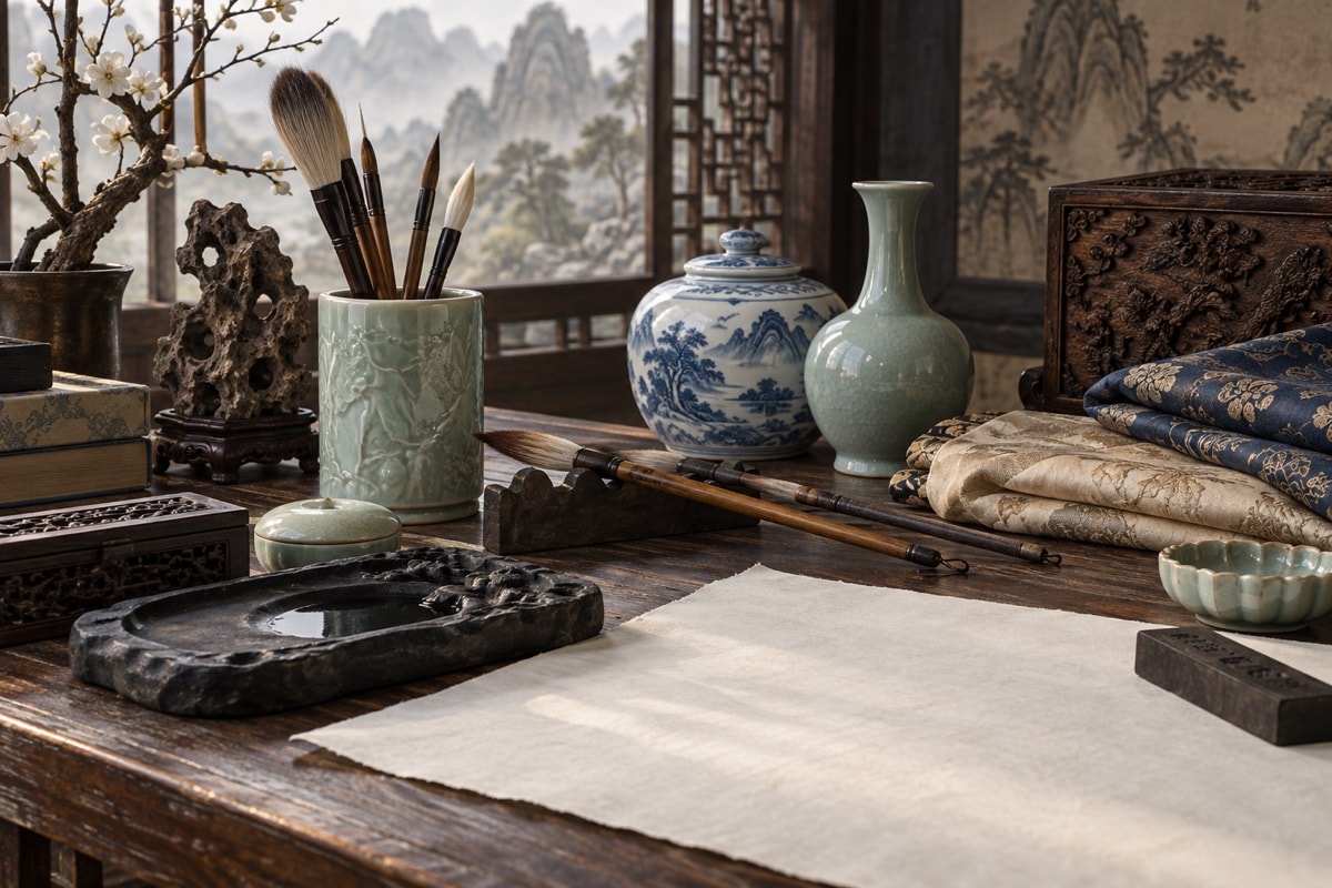 Brushes, inkstone, folded silk and ceramic vessels