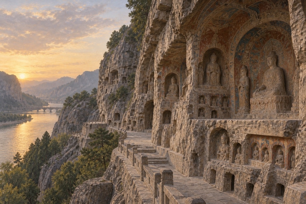 Rock-cut niches and sculptural forms in a historic grotto landscape