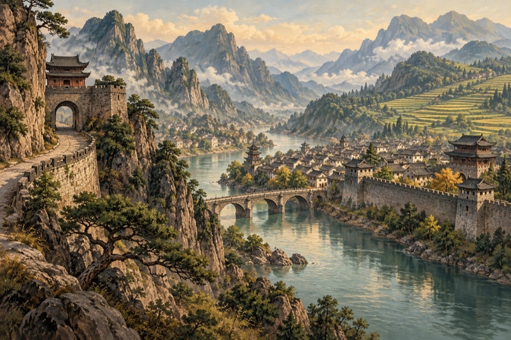 A route passing mountains, a river, old walls and tiled roofs