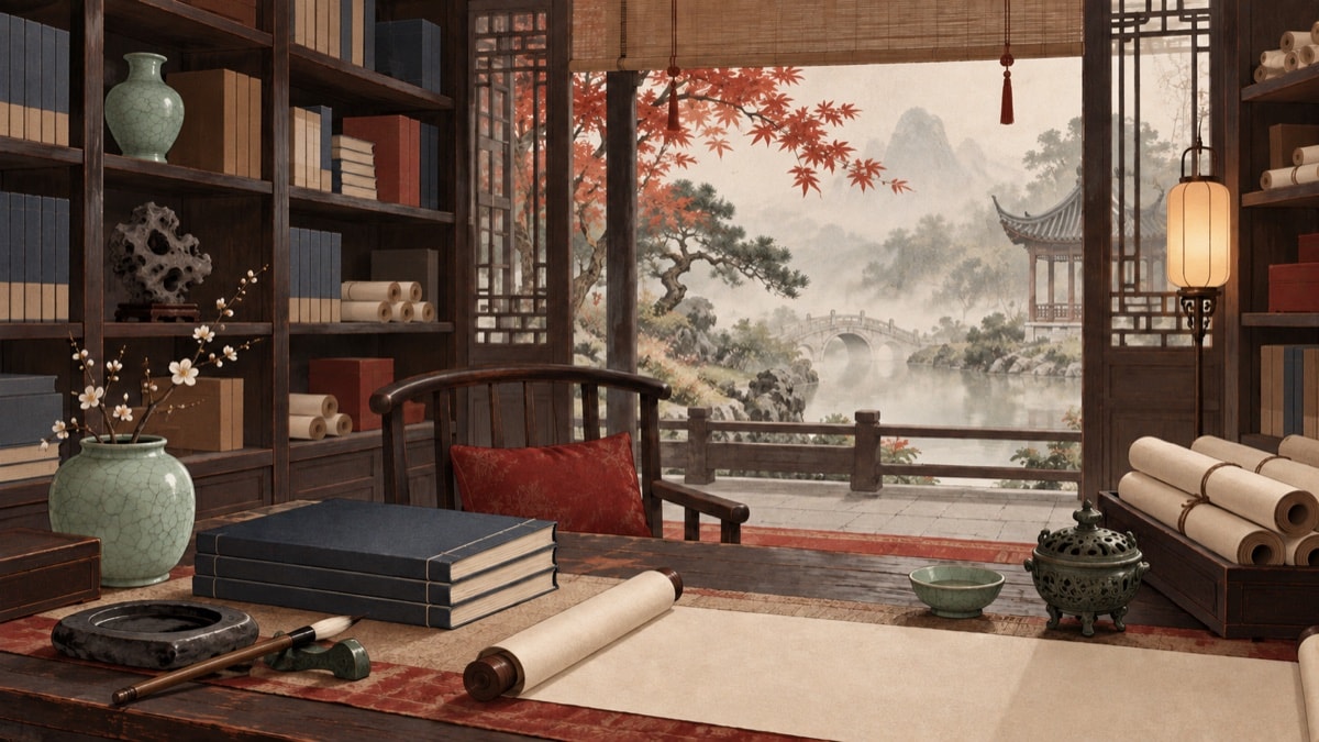 A quiet study with scrolls, ceramics and a garden view
