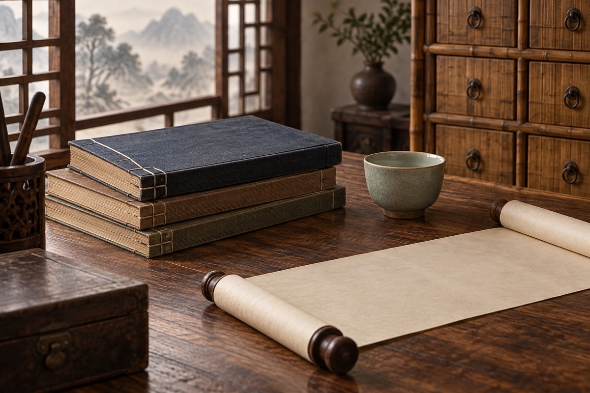 Historical medical study with bound volumes and unlabeled ceramic tools