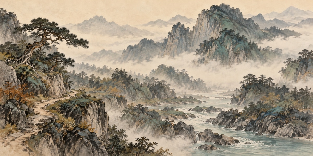 Layered mountains, water and pine rendered in an ink-inspired style