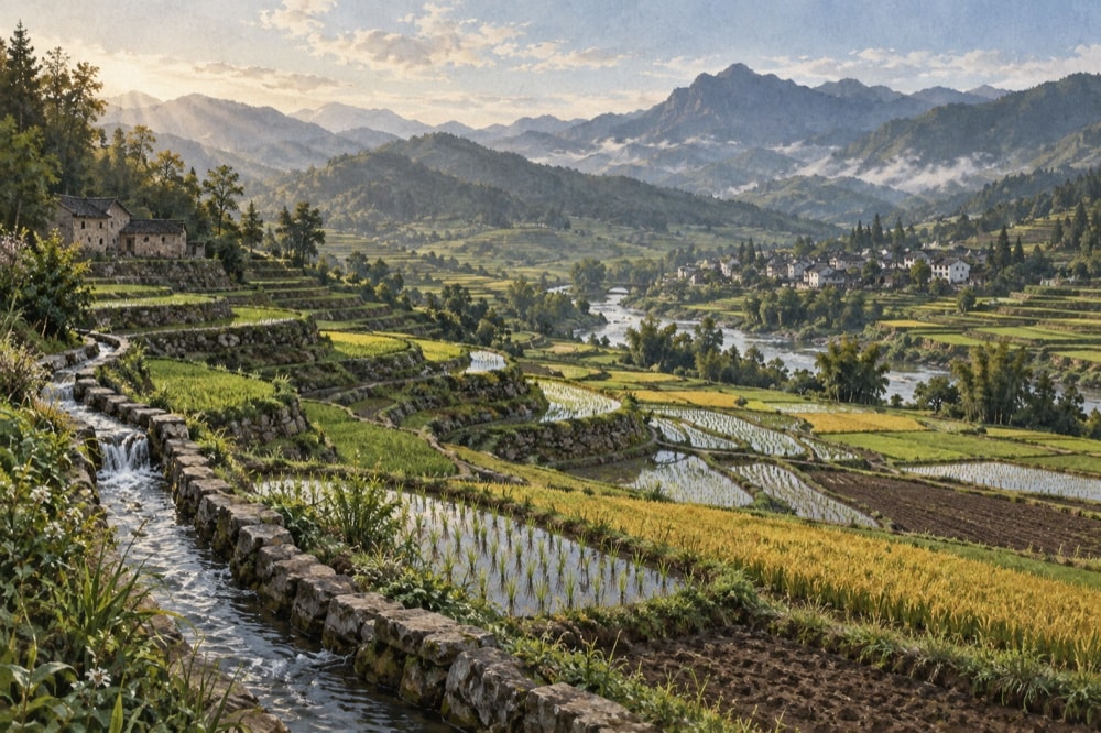 Terraced farmland with irrigation channels and distant villages