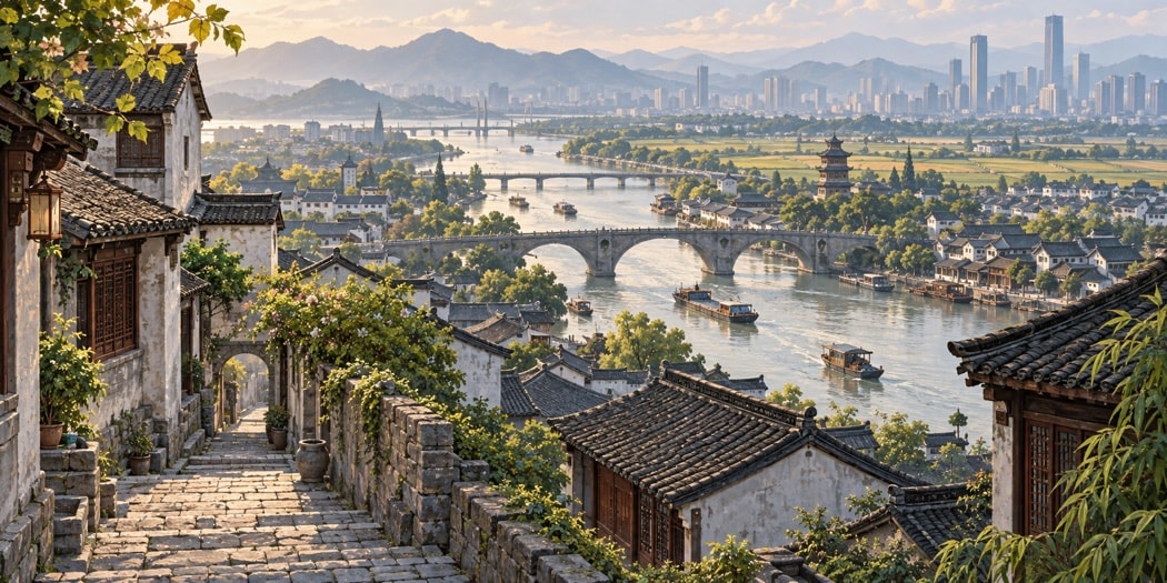 A river city linking old lanes, fields and a modern skyline