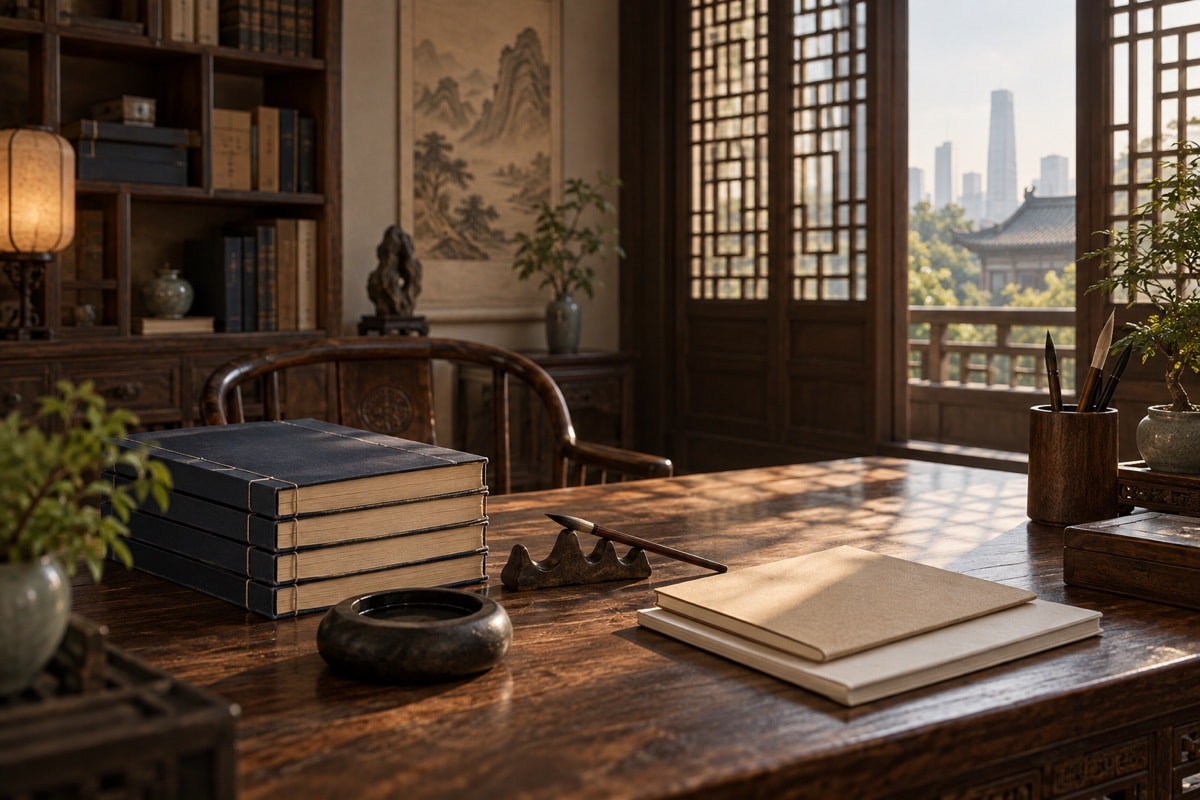 An empty study desk with books, brushes and morning light