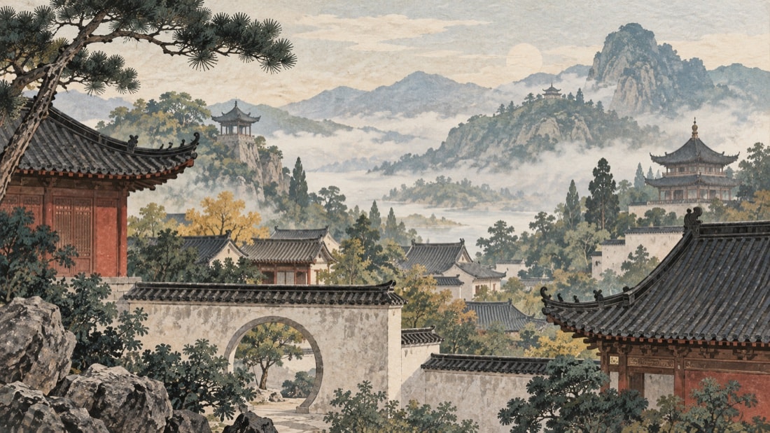 Layered temple roofs and courtyards in a quiet landscape