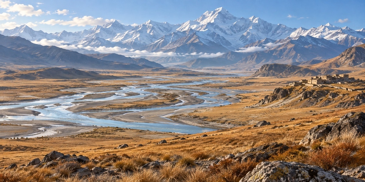High plateau valley with mountains, grassland and a distant settlement